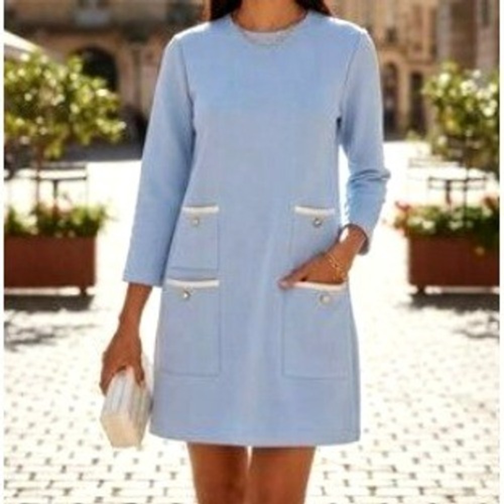 TUCKERNUCK NWT Women's XXXL Light Blue Lion Button Knit Shift Dress Pockets
